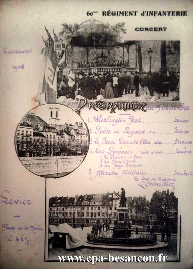 60me RÉGIMENT D'INFANTERIE CONCERT - Programme du 9 Septembre - Levier - Place la Mairie à 4 h 1/2